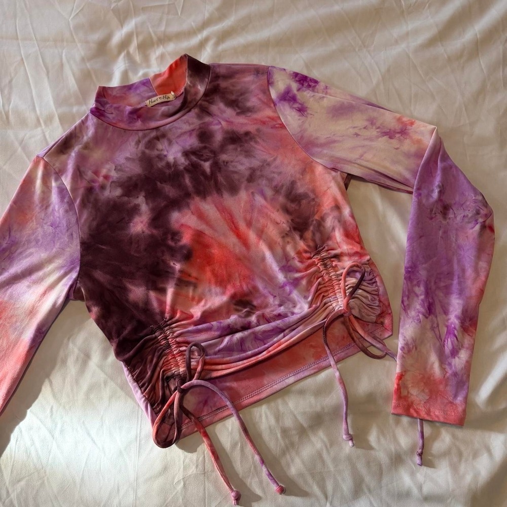 Heart & Hips Tie Dye Mock Neck Ruched Crop Top Pink Purple Large